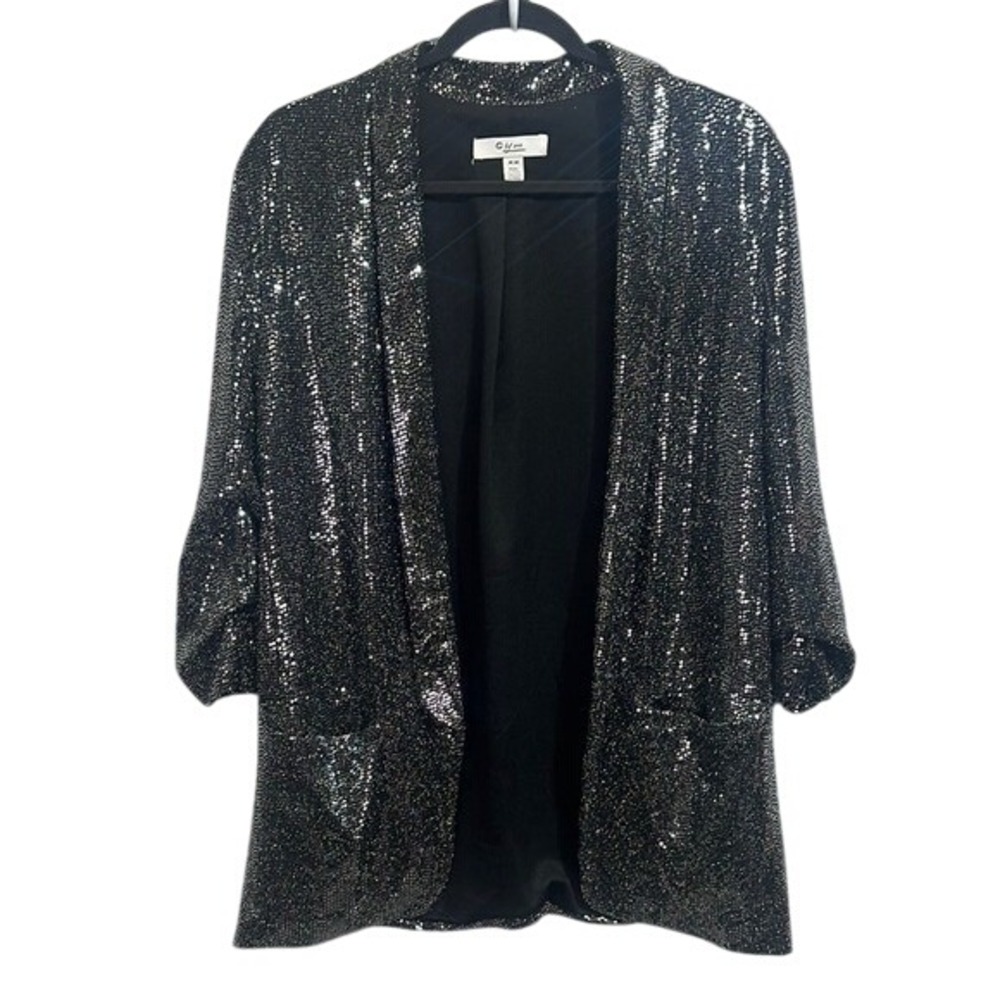 C by One Women's Black and Silver Sequin Blazer Medium, Metallic - Open Front - Picture 1 of 10